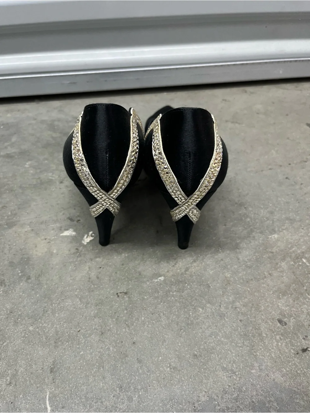 Stuart Weitzman Black Satin Pumps with Rhinestone Accent